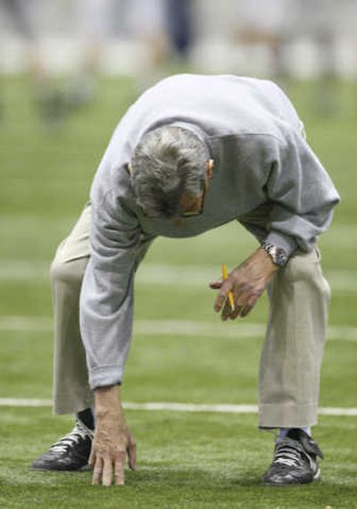
Coach Joe Paterno, demonstrating a stance at practice Saturday, will be leading Penn Start football for the 43rd season this fall.Associated Press
 (Associated Press / The Spokesman-Review)