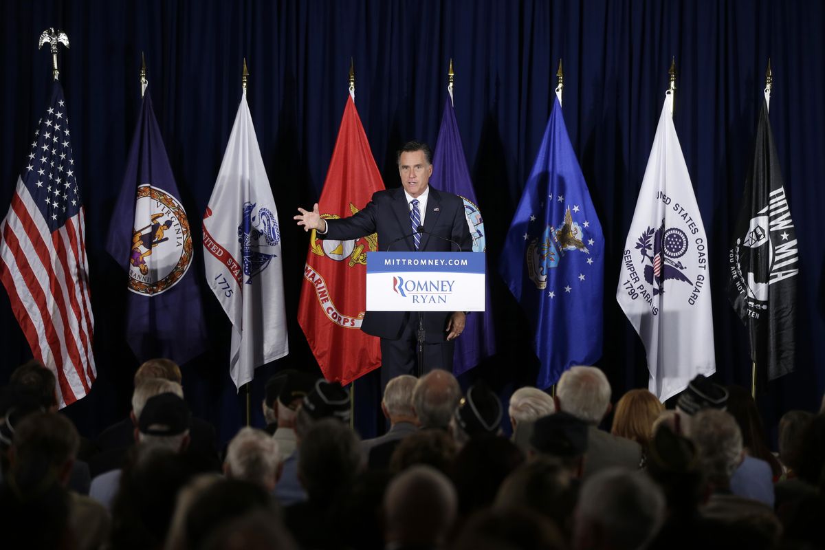 Republican presidential candidate, former Massachusetts Gov. Mitt Romney campaigns at American Legion Post 176 in Springfield, Va., Thursday, Sept. 27, 2012. (Charles Dharapak / Associated Press)