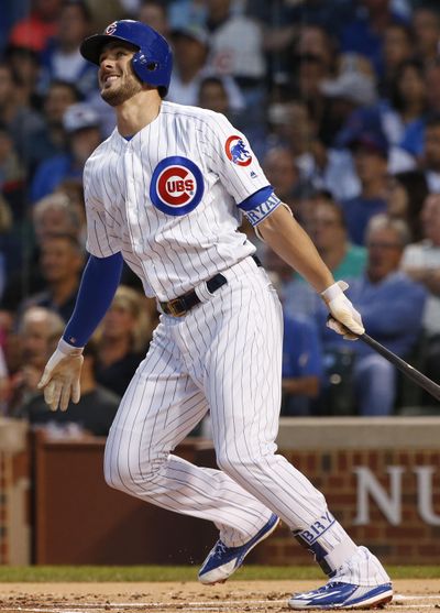 Chicago Cubs' Kris Bryant watches his solo home run during the first inning of a baseball game against the Pittsburgh Pirates on Wednesday, Aug. 31, 2016, in Chicago. (AP Photo/Nam Y. Huh) ORG XMIT: CXC106 (Nam Y. Huh / AP)
