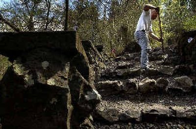 Corey David, of A.M. Landshaper, works on replacing rocks on the steps of the overgrown Moore-Turner Gardens at Pioneer Park in Spokane.