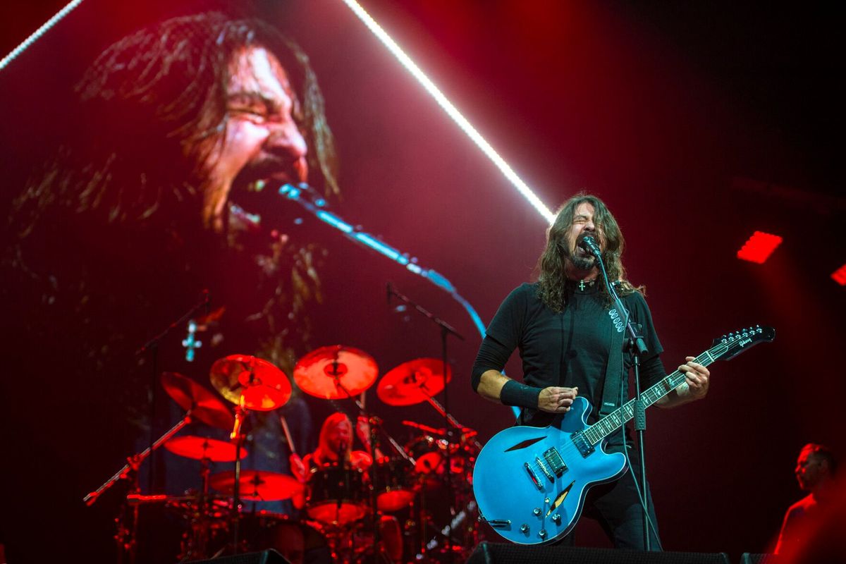 The Foo Fighters’ frontman Dave Grohl belts out “Learn to Fly” on Monday, Dec. 4, 2017, in Spokane Arena while drummer Taylor Hawkins plays. Hawkins died Friday at age 50.  (Dan Pelle/The Spokesman-Review)
