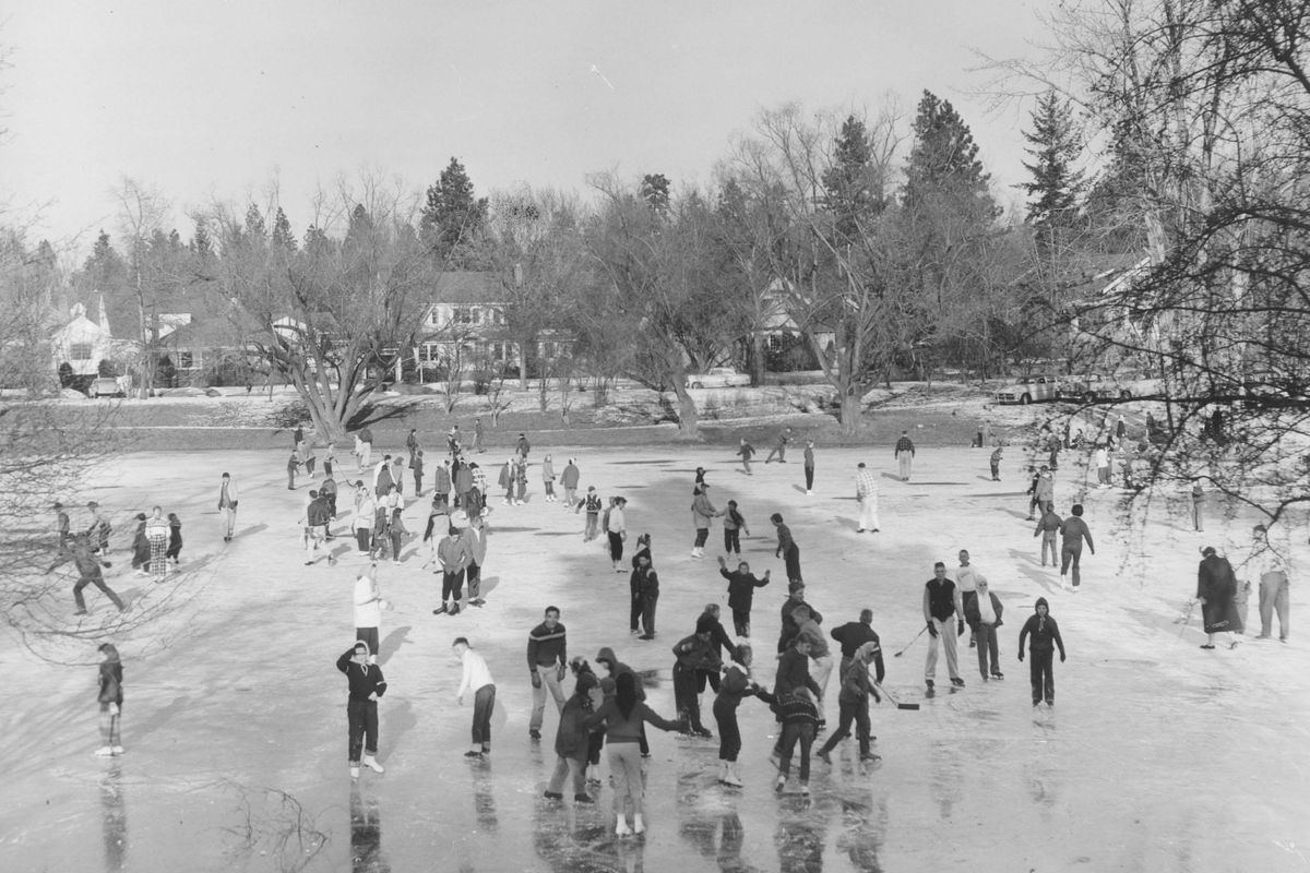 January 1958: Ice skaters at Cannon Hill Park take advantage of the winter freeze. (Photo Archive)