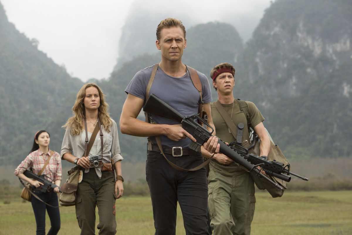 Tian Jing, from left, Brie Larson, Tom Hiddleston and Thomas Mann in a scene from, "Kong: Skull Island." (Vince Valitutti / AP)