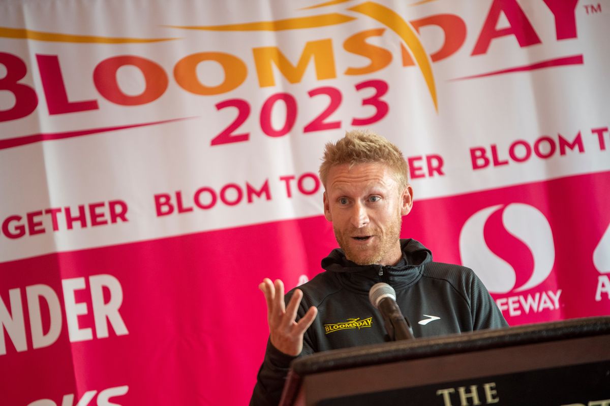 Andy LeFriec, elite athlete coordinator for the 2023 Bloomsday run, talks to the media Thursday about the promising field scheduled for the Sunday race.  (Jesse Tinsley/The Spokesman-Review)