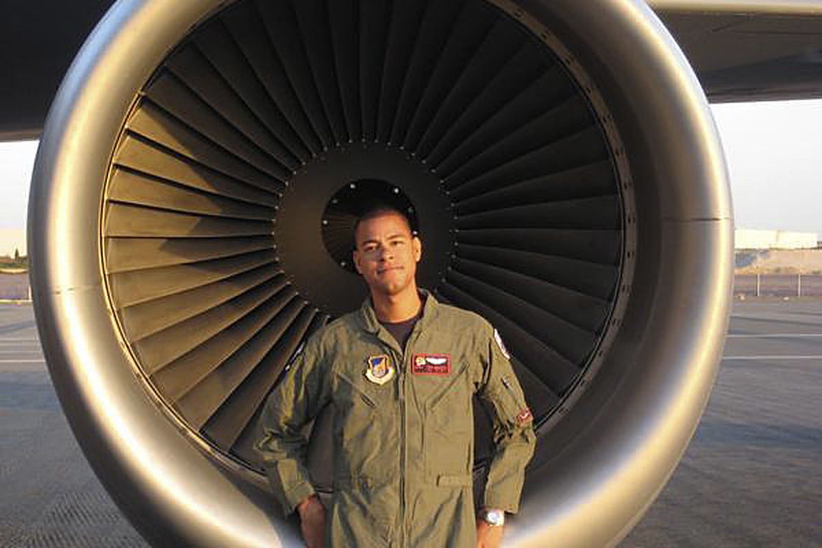 Technical Sergeant Herman "Tre" Mackey III, 30, from Bakersfield, California, sits in front of a KC-135 engine. Sgt. Mackey died on 3 May 2013 when his aircraft crashed shortly after takeoff near Bishkek, Kyrgyzstan. Photo/Fairchild Air Force Base (Fairchild Air Force Base)