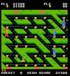 Money Money took the popular mechanics of Pac-Man and melded them with the thrilling life of crime to produce the fast-paced (and strange) gameplay experience in 1983.