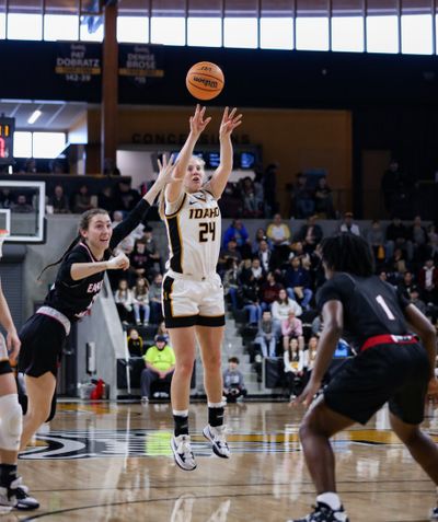 Idaho’s Tiana Johnson shoots over Eastern Washington’s Jamie Loera on Saturday at the ICCU Arena in Moscow, Idaho.  (Courtesy Idaho Athletics)