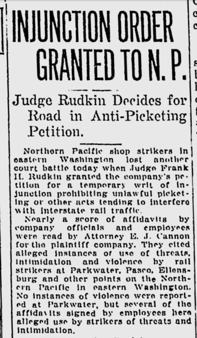 On this day 100 years ago, a federal judge issued another injunction prohibiting certain acts by rail shop strikers who were intimidating replacement workers.  (S-R archives)