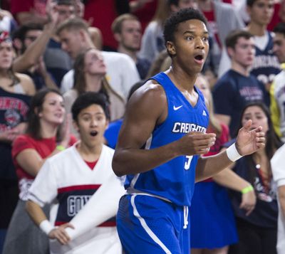 Creighton guard Ty-Shon Alexander can’t believe he was called for a foul on Gonzaga forward Johnathan Williams in last year’s game. (Dan Pelle / The Spokesman-Review)
