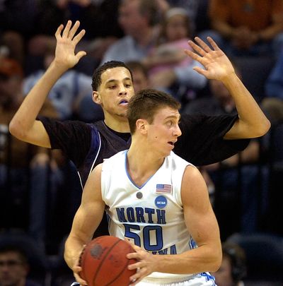One potential first rounder against another: GU’s Austin Daye guards UNC’s Tyler Hansbrough in their NCAA Tournament game this spring. (Christopher Anderson / The Spokesman-Review)