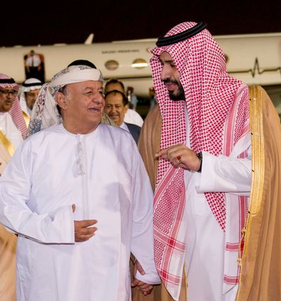 In this Saudi Press Agency photo, Yemen’s President Abed Rabbo Mansour Hadi, left, walks with Saudi Defense Minister Mohammed bin Salman on Thursday at an airbase in Riyadh, Saudi Arabia. (Associated Press)