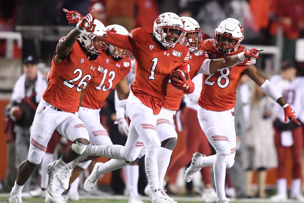 Utah Utes defensive back Jaylon Johnson (1) reacts after he intercepted Washington State Cougars quarterback Anthony Gordon (18) during the second half of a college football game on Saturday, September 28, 2019, at Rice-Eccles Stadium in Salt Lake City, Utah. Utah won the game 38-13. (Tyler Tjomsland / The Spokesman-Review)