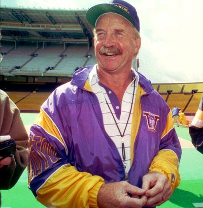 Jim Lambright answers questions Monday, Aug. 23, 1993, at the University of Washington in Seattle after his first practice as head football coach for the Washington Huskies. Lambright got the job after Don James retired hours after the Huskies footballprogram was put on two years probation Sunday.   (Associated Press)