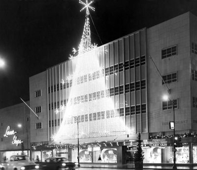 One of the large Christmas displays in Spokane in 1958 was the huge Christmas tree made up of lights at the Crescent Department Store on West Riverside Avenue. The tree was about 75 feet high and used 4,500 lights. (Photo Archive / The Spokesman-Review)