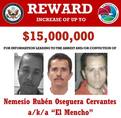 Mexican drug lord Nemesio Oseguera Cervantes, also known as “El Mencho,” in a wanted poster on the State Department website.  (U.S. Department of State)