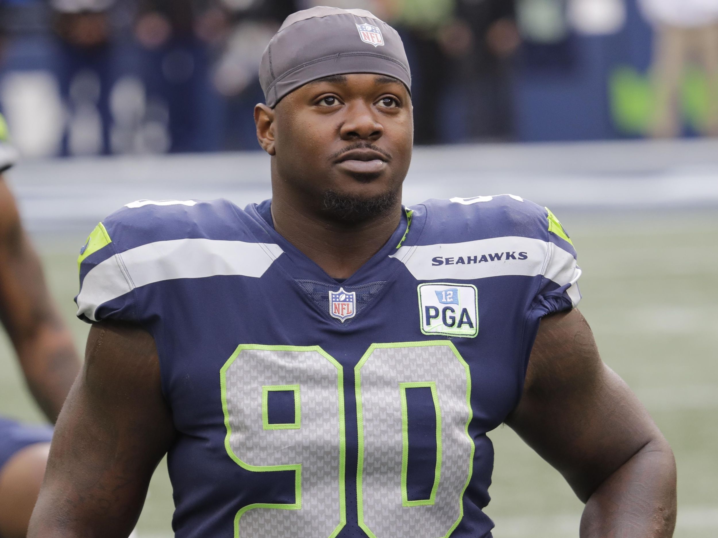 Seattle Seahawks defensive end Jarran Reed (90) walks onto the field during  minicamp Tuesday, June 6, 2023, at the NFL football team's facilities in  Renton, Wash. (AP Photo/Lindsey Wasson Stock Photo - Alamy