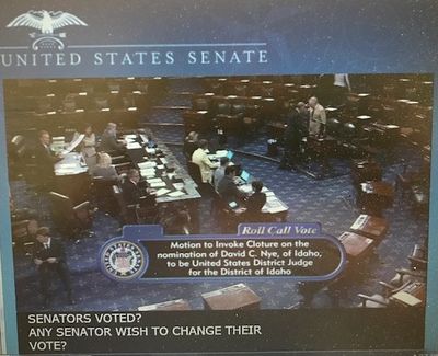 This screenshot from the U.S. Senate's floor session on Monday, July 10, 2017, shows the conclusion of the 97-0 vote to invoke cloture on the nomination of Judge David Nye as an Idaho federal district judge. (U.S. Senate)