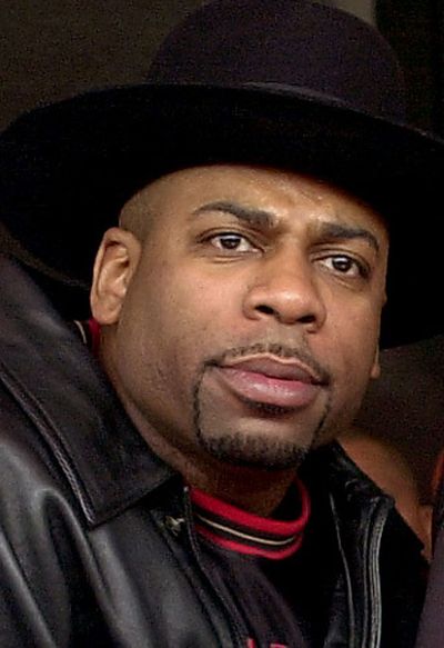 FILE - Jam Master Jay, a.k.a. Jason Mizell, a member of hip hop pioneers Run-DMC, is seen in Los Angeles in this Feb. 25, 2002, file photo. Two suspects have been indicted in Jam Master Jay's killing, which until now had been one of New York City's most notorious unsolved killings, two law enforcement officials told the Associated Press on Monday, Aug. 17, 2020.  (KRISTA NILES)