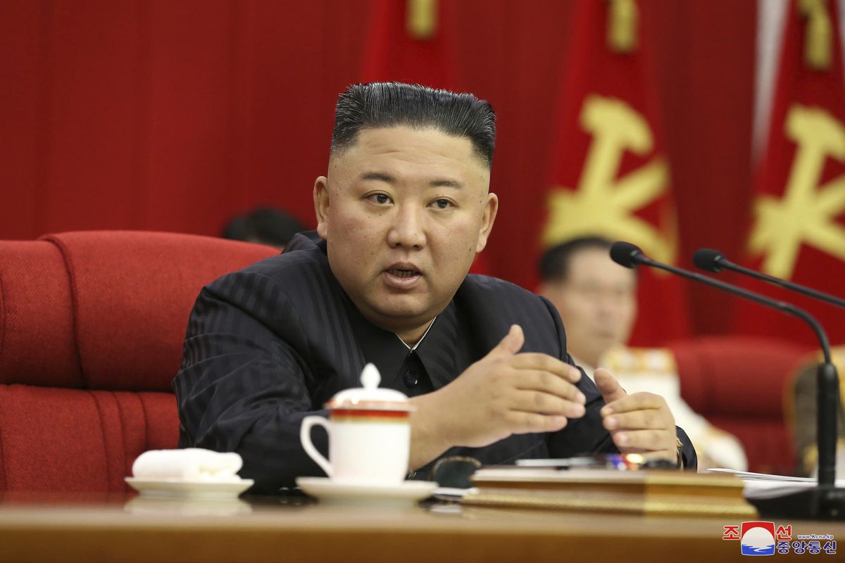 In this photo provided by the North Korean government, North Korean leader Kim Jong Un speaks during a Workers