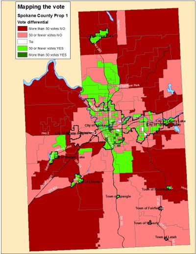 Revised map of the election night totals for Spokane County Proposition 1 (Jim Camden)