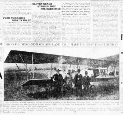 Spokane’s Northwest Aircraft Co. made a trial flight of its first airplane at the Parkwater Aviation Field, the Spokane Daily Chronicle reported on June 2, 1919. (Spokesman-Review archives)
