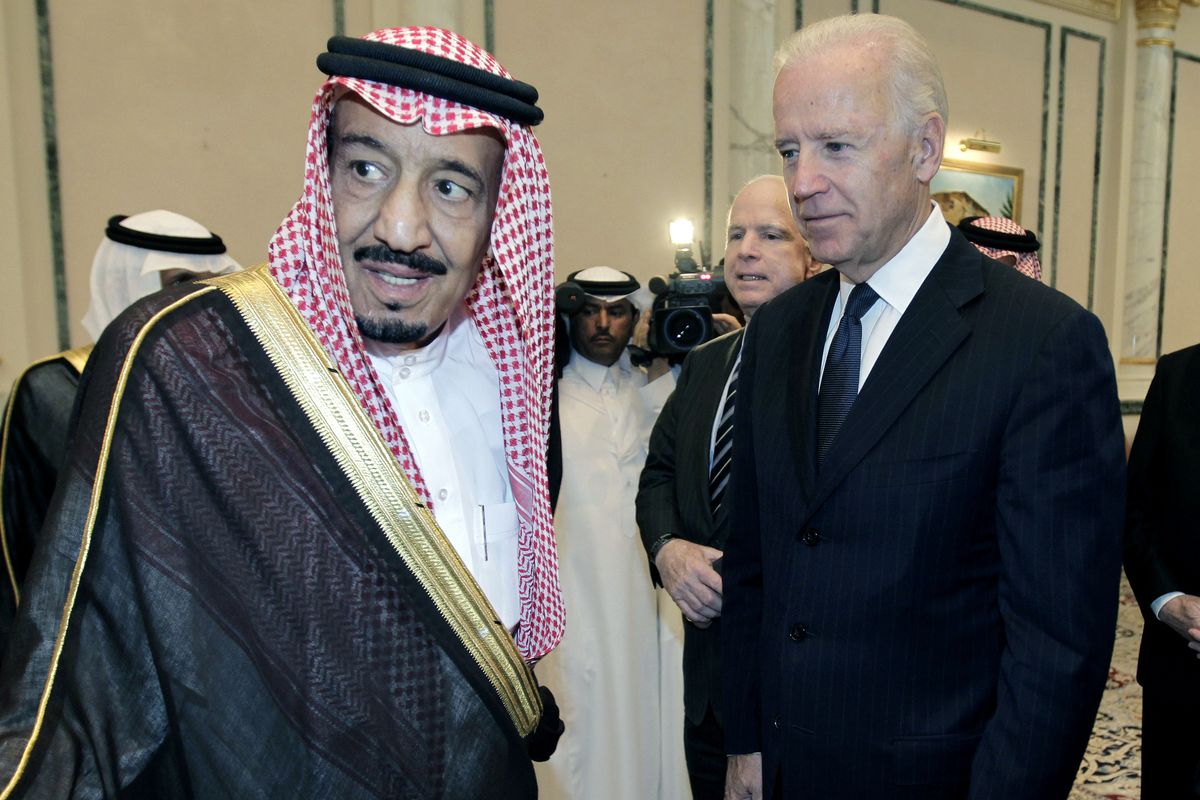 FILE - In this Oct. 27, 2011 file photo, then U.S. Vice President Joe Biden, right, offers his condolences to then Prince Salman bin Abdel-Aziz upon the death of his brother Saudi Crown Prince Sultan bin Abdul-Aziz Al Saud, at Prince Sultan palace in Riyadh, Saudi Arabia. President Joe Biden is expected to speak to Saudi King Salman for the first time in Biden’s just over a month-old administration. Coming as soon as Thursday, the conversation between the two strategic partners will be overshadowed by the expected release of U.S. intelligence findings on whether the king’s son approved the killing of a U.S.-based Saudi journalist. (Hassan Ammar)