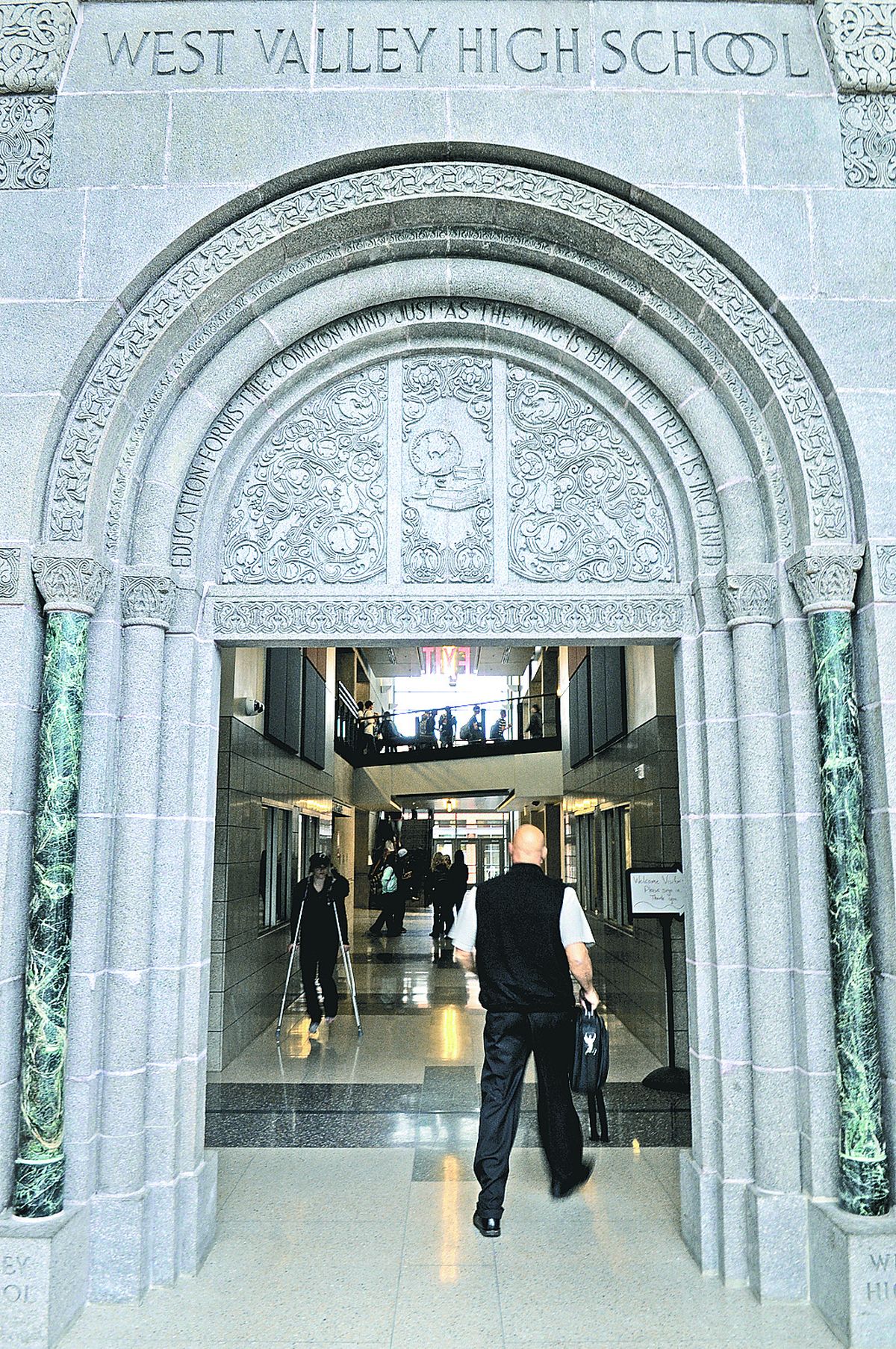 The decorative archway inside the entrance of West Valley High School was preserved from the the West Valley High, built in 1924, that was demolished in the 1990s.  (J. BART RAYNIAK)