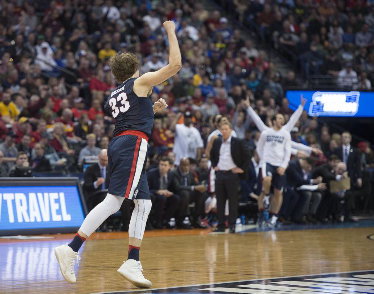 Gonzaga’s Kyle Wiltjer pumps his arm after hitting a shot against Utah in the first half at the Pepsi Center in Denver on Saturday, March 19, 2016. (Dan Pelle / The Spokesman-Review)