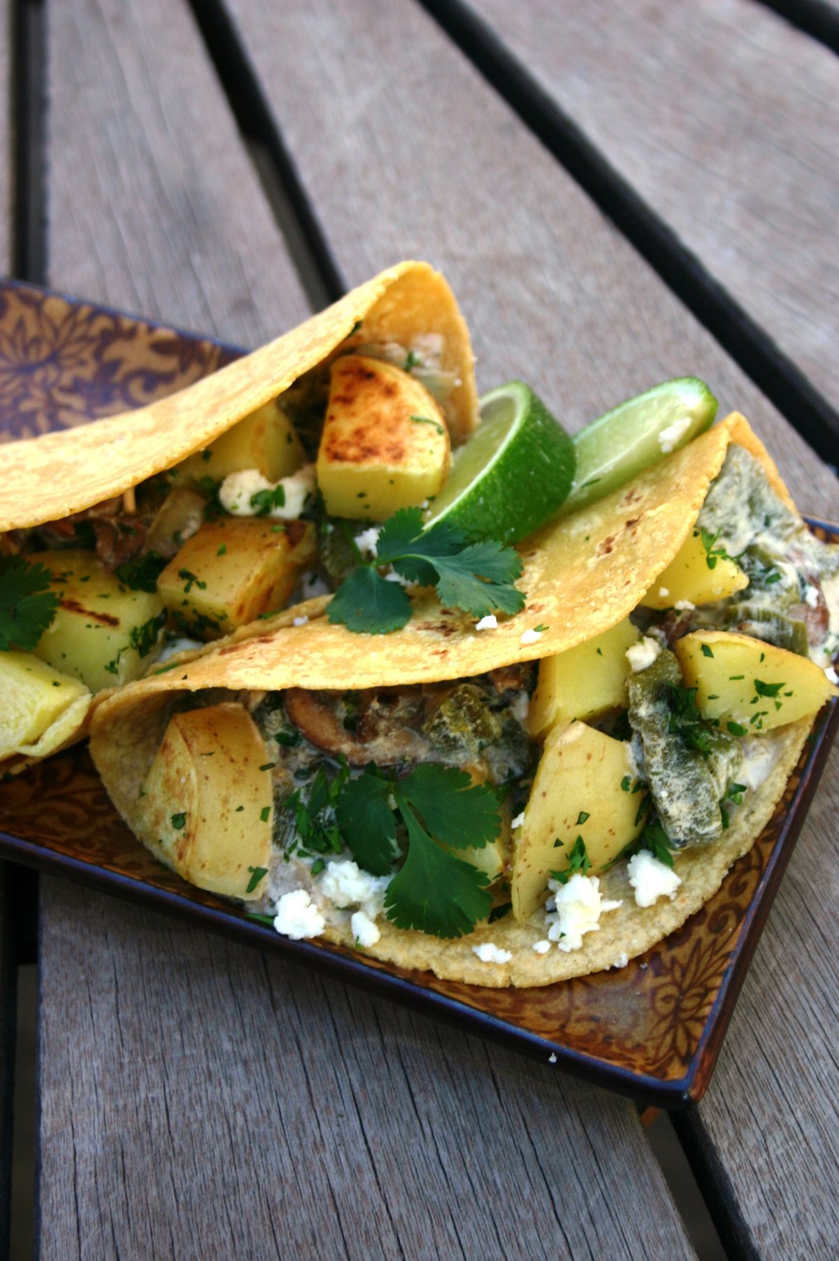 Poblano, mushroom and potato tacos might sound like they’re out of your culinary comfort zone, but they are quick to fix, easy on your budget and delicious. (Lorie Hutson)