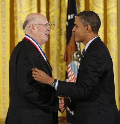 President Barack Obama presents the National Medal of Technology and Innovation to Forrest Bird on Oct. 8, 2009, in the East Room of the White House.  (Associated Press / The Spokesman-Review)