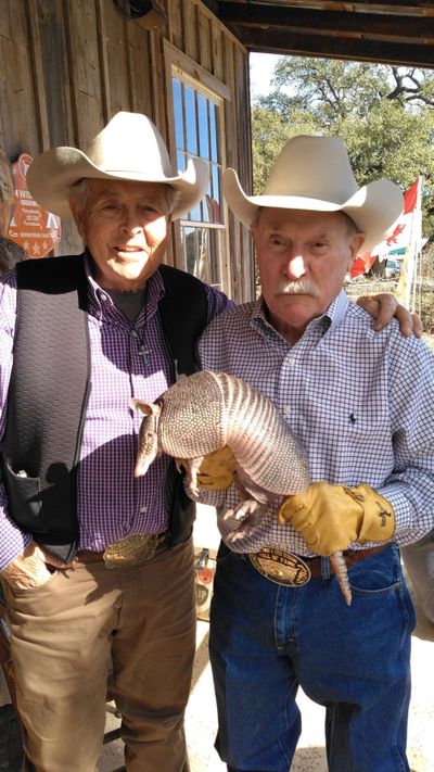 Ralph Fisher and Mike Burke pose with the armadillo Bee Cave Bob, who will predict how much longer winter will last.    (Ralph Fisher )