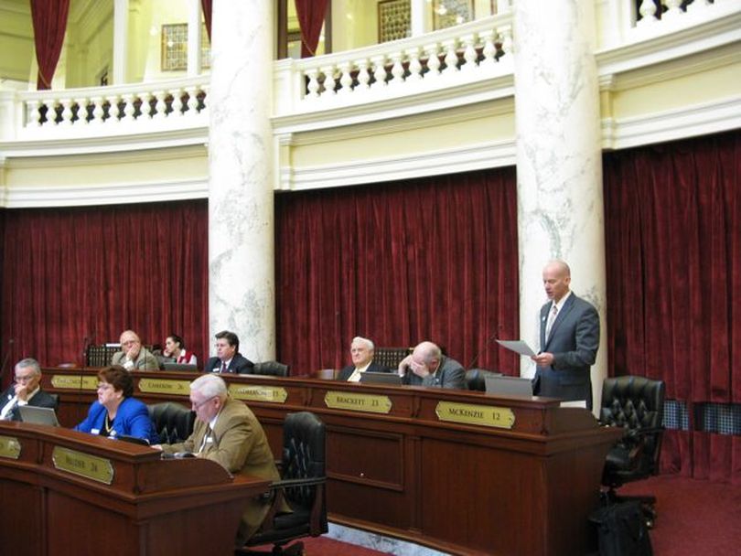 Sen. Curtis McKenzie, R-Nampa, debates in favor of HB 693, the latest anti-Occupy Boise bill, in the Senate on Thursday; it passed on a party-line vote and now goes to the governor. (Betsy Russell)