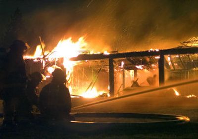 
Spokane firefighters battle a fire at North Havana and East Euclid early Tuesday that destroyed a building containing parks department equipment. 
 (Christopher Anderson / The Spokesman-Review)