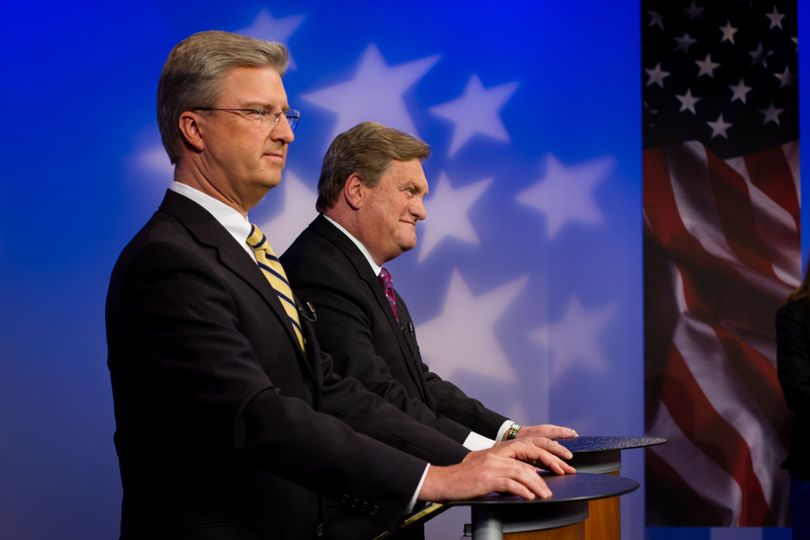 Challenger Brian Smith, left, and Congressman Mike Simpson on the 