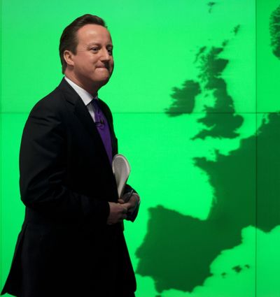 Britain’s Prime Minister David Cameron walks away after making a speech on holding a referendum on staying in the EU in London on Wednesday. (Associated Press)