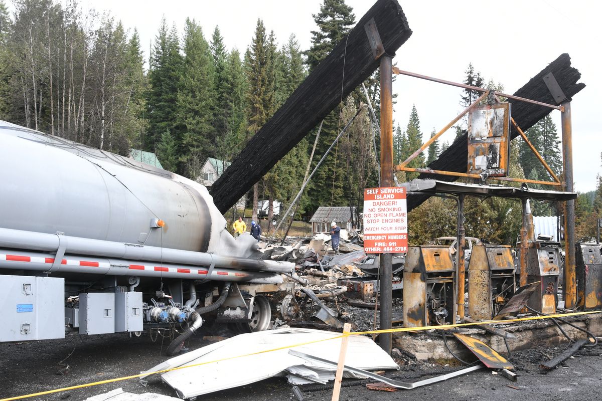 Remains of the Cardiff gas station and half of an oil tanker Sept. 13, 2024.  (James Hanlon/The Spokesman-Review)