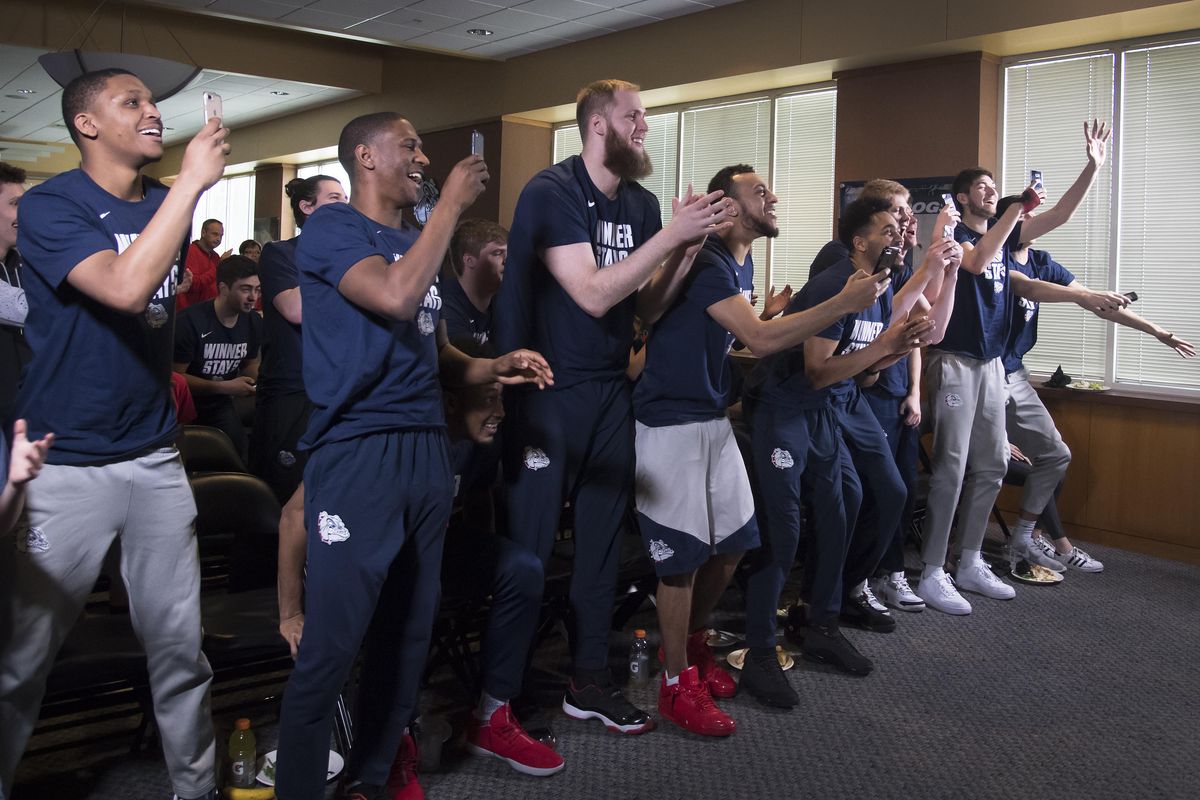 The No. 4 Gonzaga Bulldogs react to being named the No. 1 seed in the West Region for the 2017 NCAA mens basketball tournament Sunday at Gonzaga University. The selection committee announced Sunday that the Zags will play on Thursday against sixteenth-seeded South Dakota State at the Vivint Smart Home Arena in Salt Lake City. (Colin Mulvany / The Spokesman-Review)