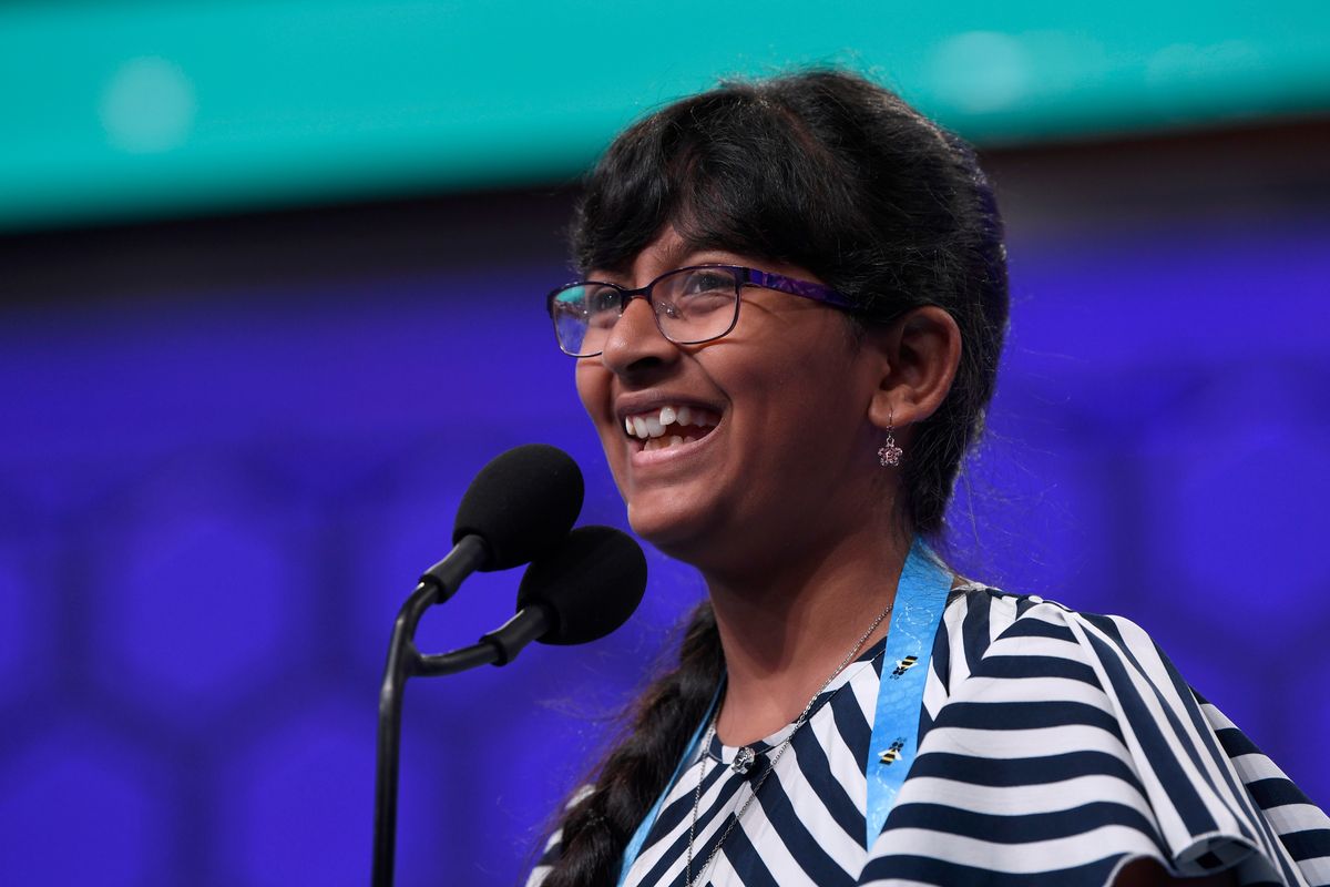 Harini Logan smiles after correctly spelling her word in the finals of the Scripps National Spelling Bee in Oxon Hill, Maryland, on May 30, 2019.  (Susan Walsh)