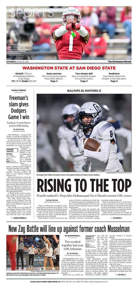 Sports Front Page for Oct. 26, 2024 The SpokesmanReview