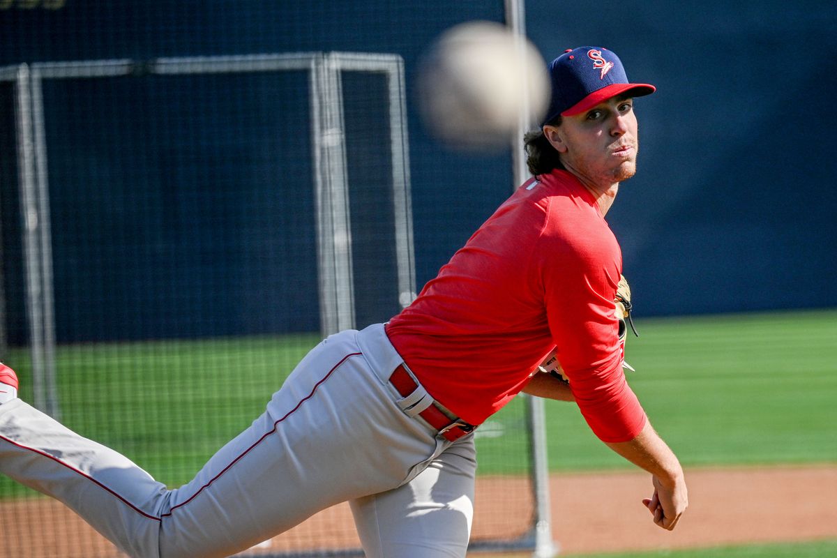 Spokane Indians pitcher Chase Dollander throws the ball during practice at Avista Stadium on Tuesday, April 2, 2024.  (Kathy Plonka/The Spokesman-Review)