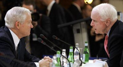 
Secretary of Defense Robert Gates, left, chats with Sen. John McCain, R-Ariz., on Sunday at the Munich conference where Gates asked NATO allies for more help in Afghanistan.  
 (Associated Press / The Spokesman-Review)