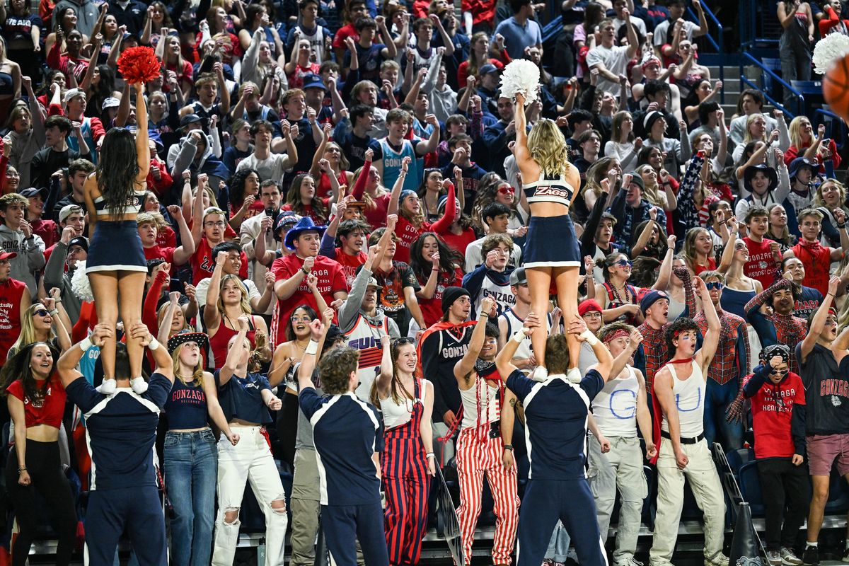 The Gonzaga student section gets riled up before the start of the Zags game with Eastern Oregon, Tuesday, Nov. 14, 2023, in the McCarthey Athletic Center.  (COLIN MULVANY/THE SPOKESMAN-REVIEW)