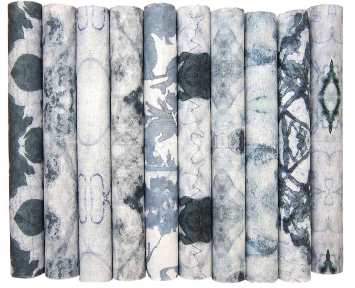 New York-based home-design purveyor Eskayel is creating the look of shibori patterns using ink, water and watercolors, followed by digital printing techniques. (Associated Press)