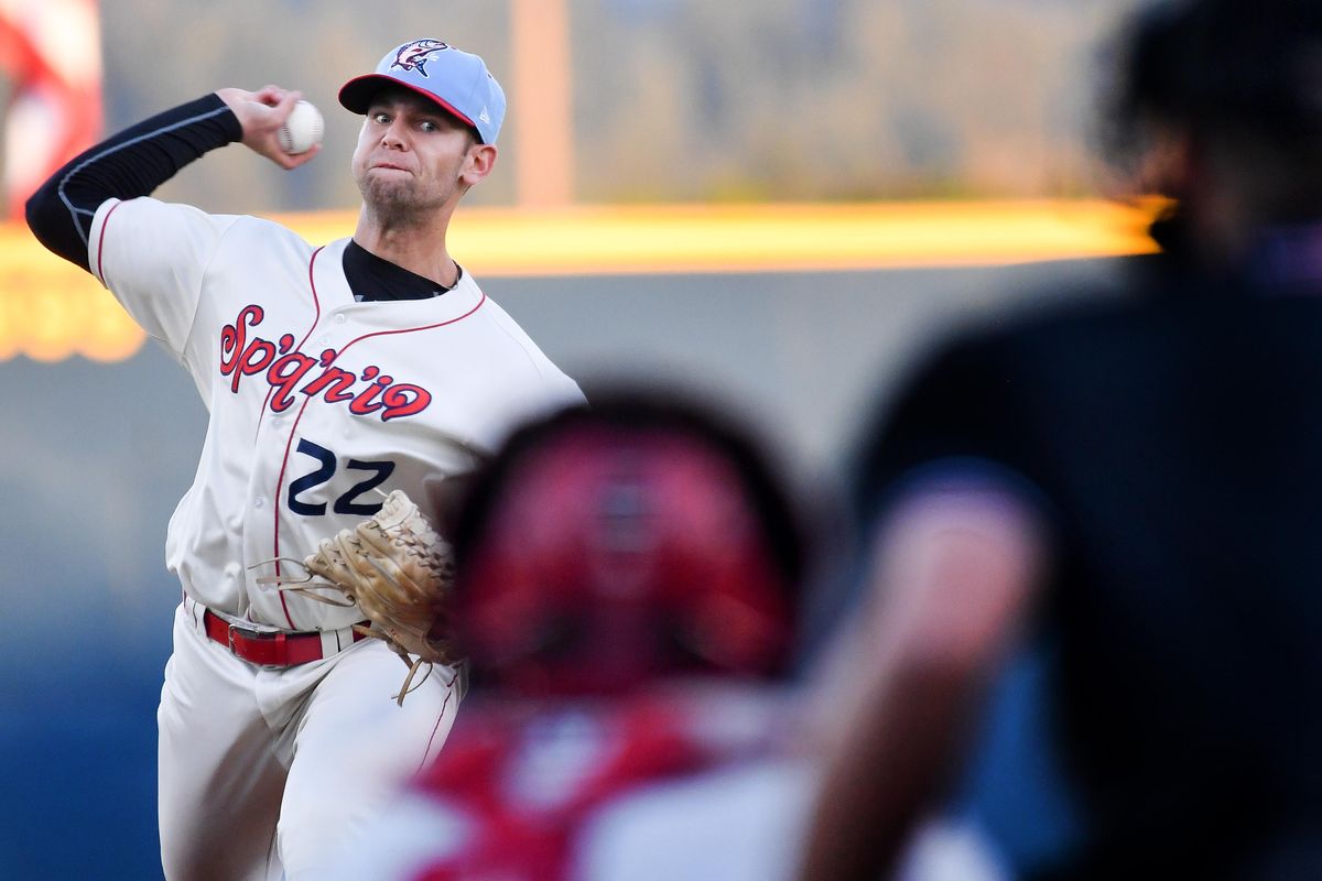 Indians pitcher Seth Nordlin throws against the Salem-Keizer Volcanos on Monday, Aug. 27, 2018, at Avista Stadium in Spokane, Wash. (Tyler Tjomsland / The Spokesman-Review)