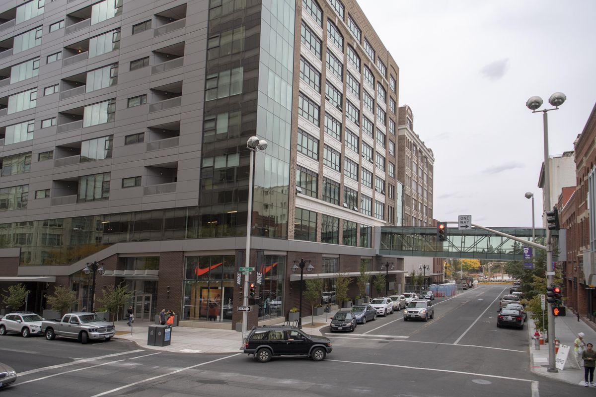 The skywalk from the historic Bennett Block, at right, now connects to the former Macy’s building and allows foot traffic to go from River Park Square to the Bennett Block and the Parkade without going outside. (Jesse Tinsley / The Spokesman-Review)
