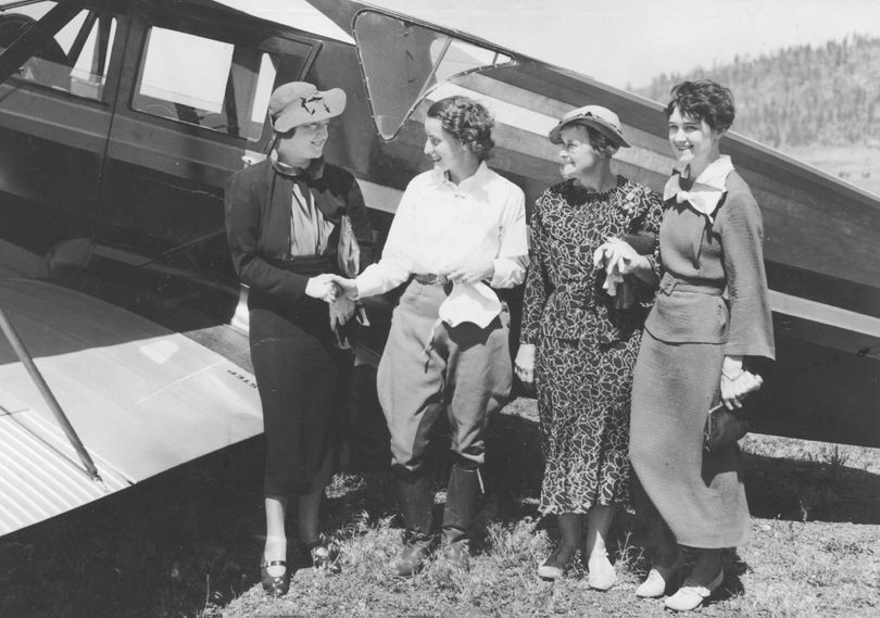 June 27, 1936. The ladies of the sky, women air pilots, roared into Spokane from all points of the compass to take part in Spokane's first women's air meet at Felts Field. Pictured are four pilots, each of whom was a skilled navigator with her own plane. From left to right: Mrs. C.L. Smith, wife of Seattle's former mayor; Miss Dorothy Sartori, Spokane; Mrs. Dora D. Skinner, Yakima, and Mrs. Eric Anderson, Missoula. Photo archive/The Spokesman-Review