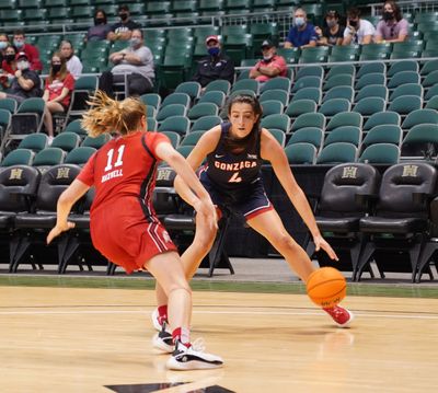 Gonzaga senior Abby O’Connor sizes up Utah’s Brynna Maxwell during a nonconference game in Hawaii. O’Connor scored a career-high 21 points.  (Courtesy of Gonzaga Athletics)