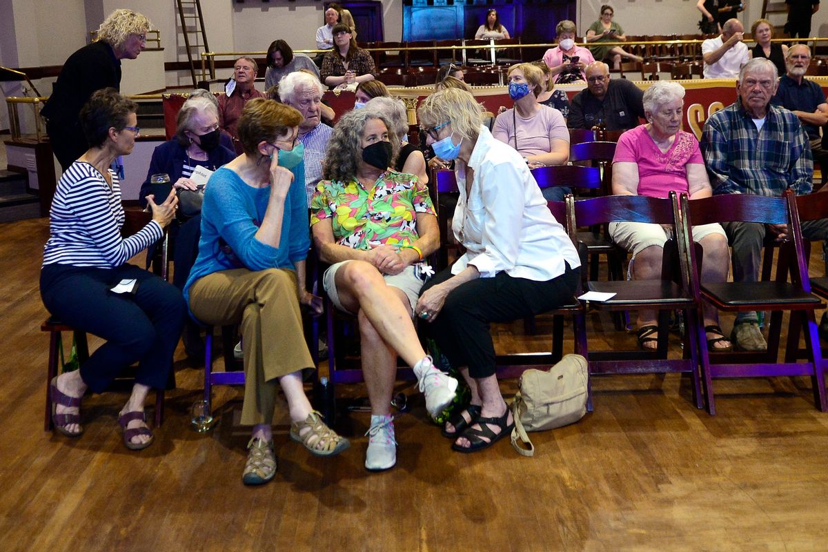Left to right, Cindy Green, Sandy Altshuler and Mary Ann Murphy visit before The Spokesman-Review's Northwest Passages Forum with candidates for Spokane County Prosecutor, Thursday, July 21, 2022, in The Montvale Event Center.  (Liz Kishimoto/The Spokesman-Review)