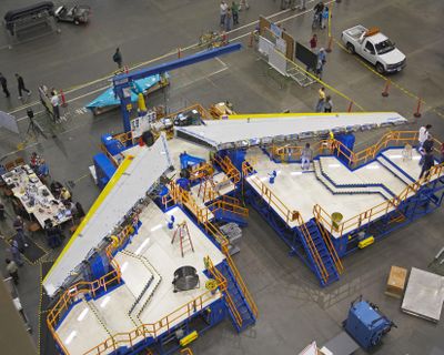This 2007 photo released by Boeing Co. shows the horizontal stabilizers for the first 787 Dreamliner sections on the final assembly line in Everett.  (File Associated Press / The Spokesman-Review)