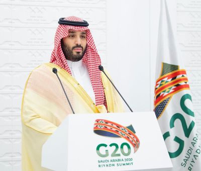 Saudi Crown Prince Mohammed bin Salman during a news conference at the closing of the G20 virtual summit on Nov. 22, 2020, in the capital Riyadh, Saudi Arabia.  (Balkis Press)